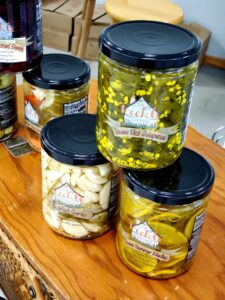 Some of our products on display, featuring our Sweet Hot Jalapeños.
